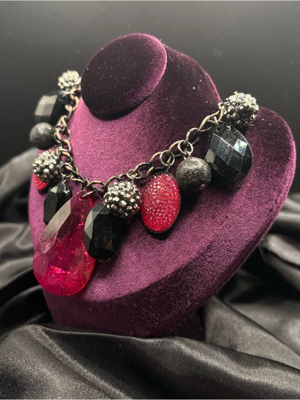 Chunky Black & Dark Pink Statement Necklace Y2K Glam Adjustable